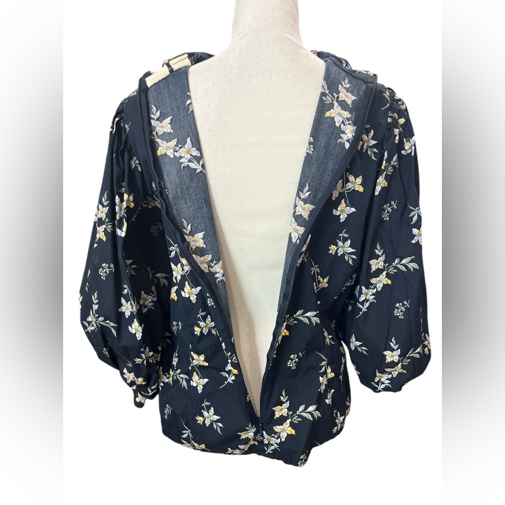 Levi’s Navy Floral Puff Sleeve Blouse XL High Neck Cotton Back Zip Top - Picture 7 of 11